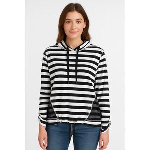 Black & White Striped Cowl Neck‎ Pullover Top Roll Tab Sleeve Mesh Large